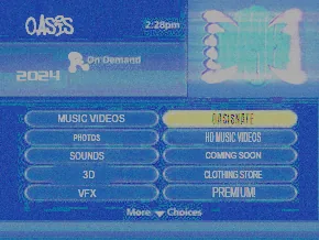 OASIS menu graphic styled like an early 2000s media interface