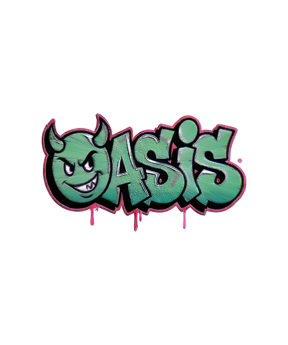 Pixel-streaked embroidered OASIS graffiti wordmark graphic