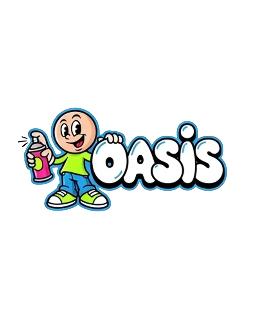 Cartoon graffiti character holding spray paint beside an OASIS wordmark