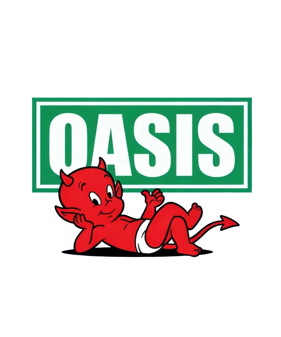 Red cartoon devil under a green and white OASIS sign
